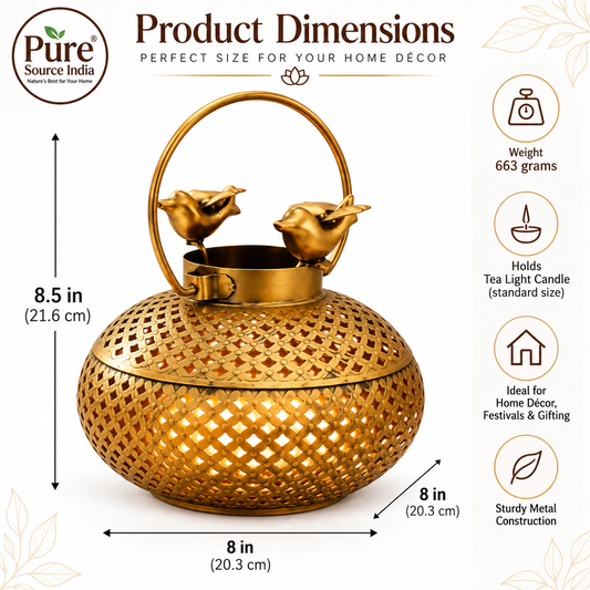 Pure Source India Metal Tea Light Candle Holder with Bird Design | Antique Decorative Round Lantern | 8.5 Inch Candle Lantern for Home Décor, Tabletop, Festivals & Gifting
