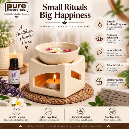 Pure Source India Ceramic Aroma Oil Diffuser with Extra Large Bowl, Tealight Candle Aromatherapy Burner, Ivory White, 4.25 Inch