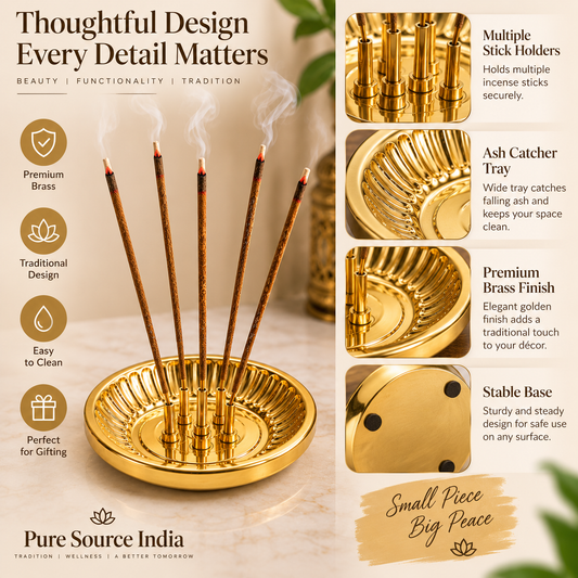 Pure Source India Brass Incense Holder with Ash Catcher | Round Agarbatti Stand for Pooja, Meditation & Home Décor | 4 Inch Gold Finish