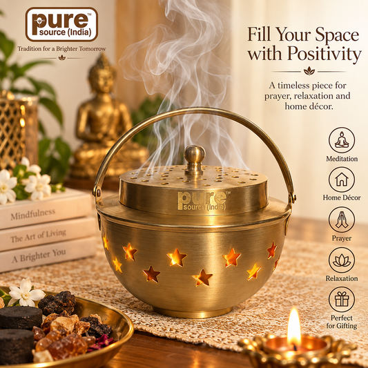 Pure Source India Brass Kapoor Dani, Bakhoor Burner & Incense Censer with Handle, Star Cutout Decorative Dhoop Dani for Home, Prayer & Meditation