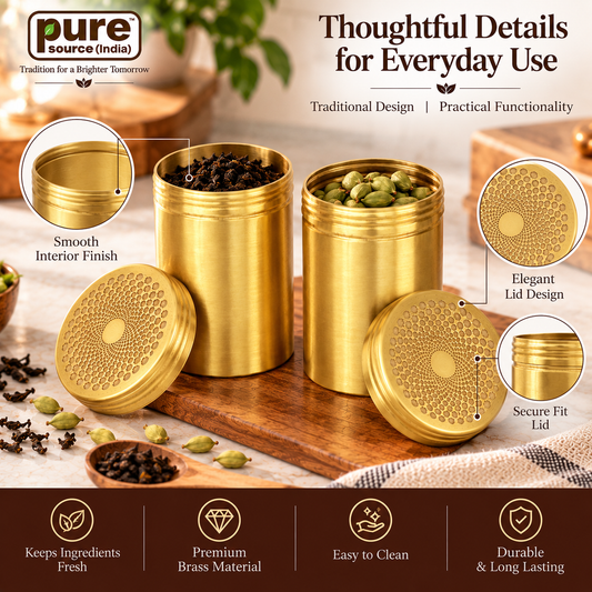 Pure Source India Brass Storage Containers with Lids, Set of 2, 250 ml Tea, Sugar & Spice Canisters, Decorative Kitchen Storage Jars