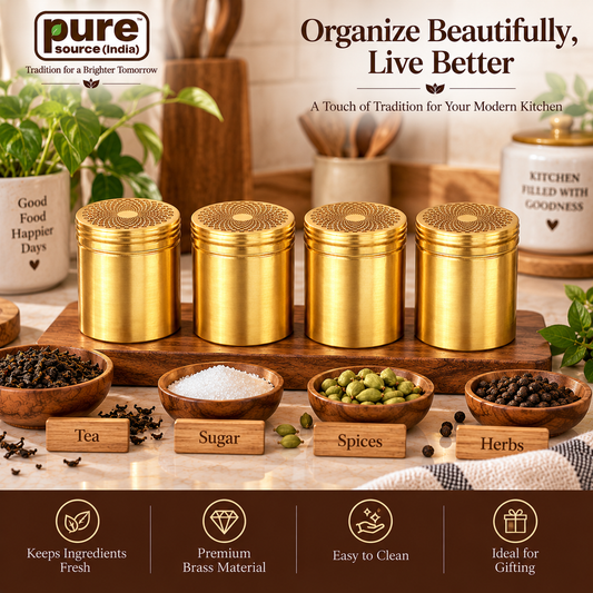 Pure Source India Brass Storage Containers with Lids, Set of 4, 250 ml Tea, Sugar & Spice Canisters, Decorative Kitchen Storage Jars