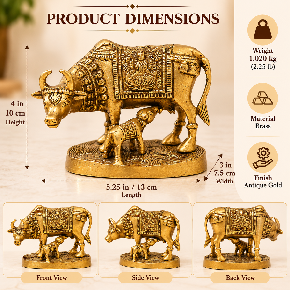 Pure Source India Brass Cow & Calf Statue 4 Inch | Antique Gold Decorative Figurine for Home Décor, Pooja, Vastu & Gifting