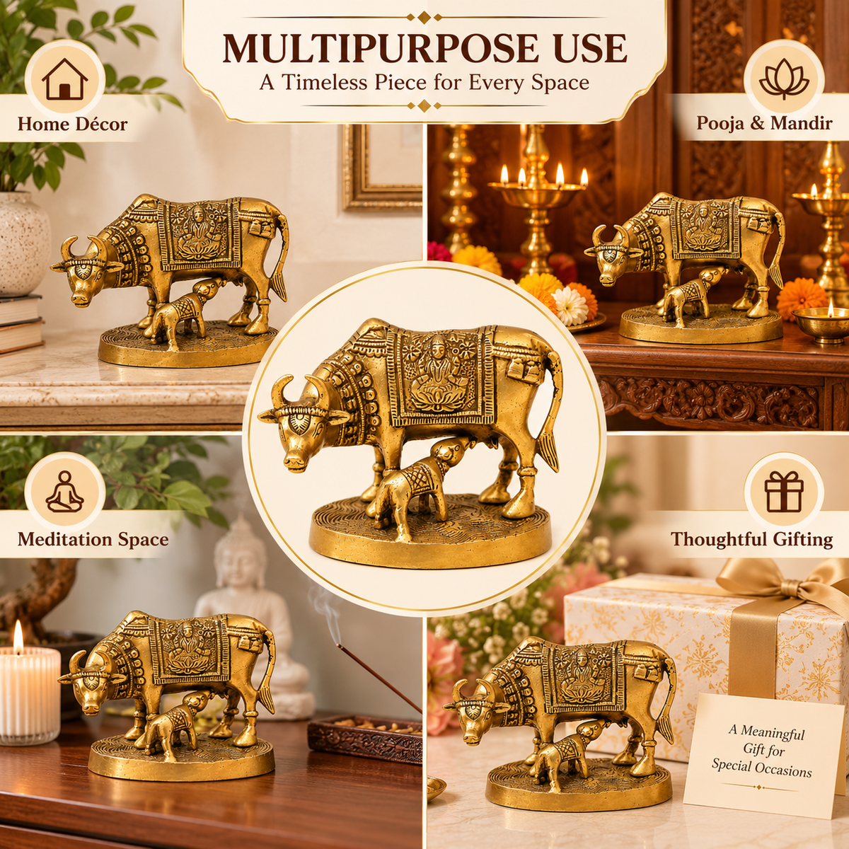 Pure Source India Brass Cow & Calf Statue 4 Inch | Antique Gold Decorative Figurine for Home Décor, Pooja, Vastu & Gifting