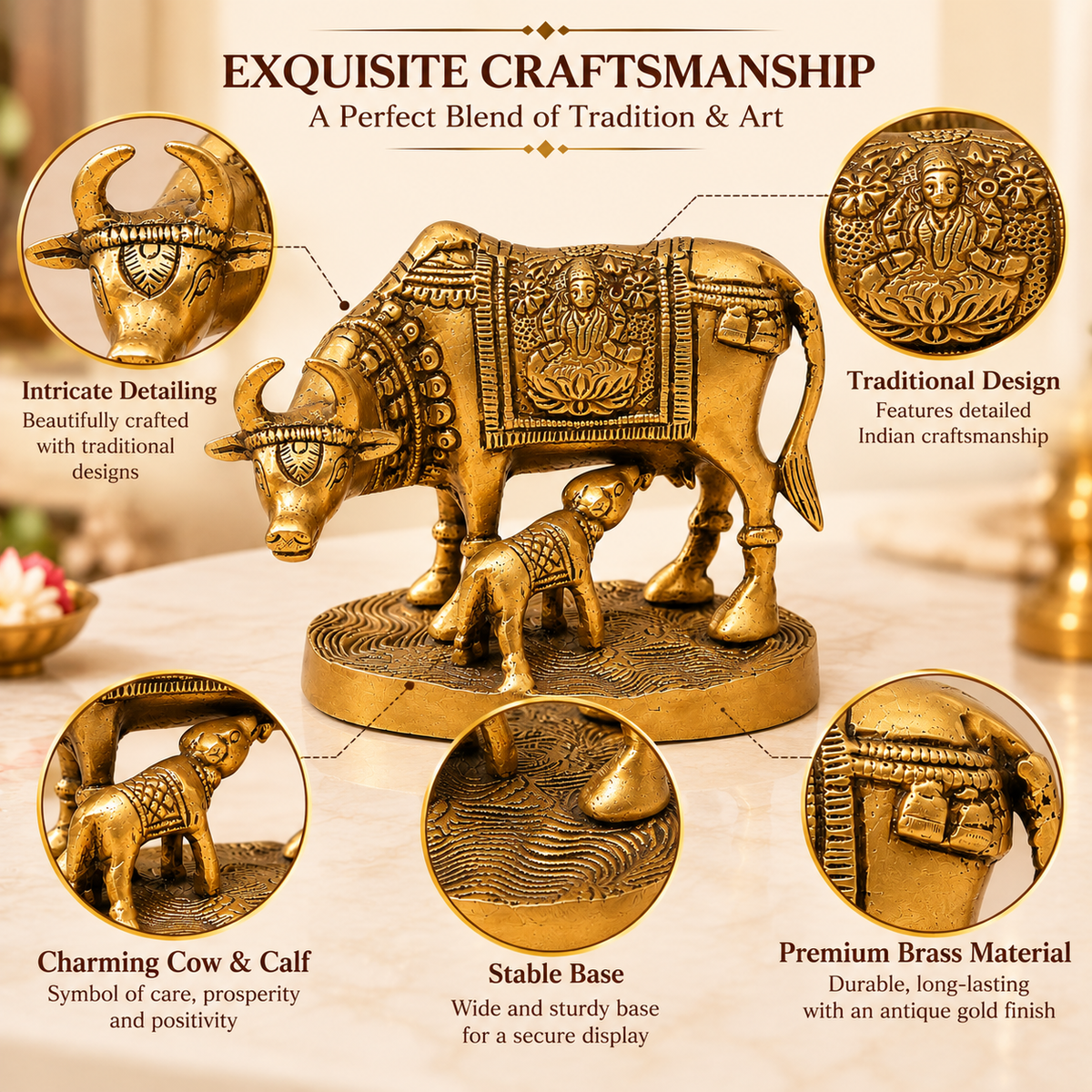 Pure Source India Brass Cow & Calf Statue 4 Inch | Antique Gold Decorative Figurine for Home Décor, Pooja, Vastu & Gifting