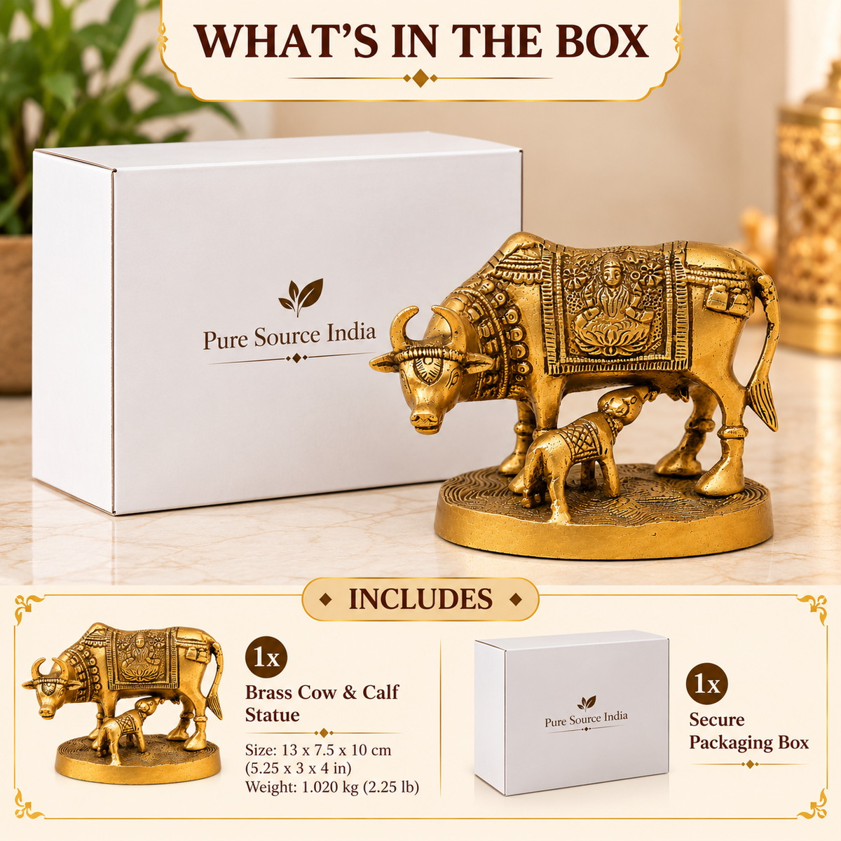 Pure Source India Brass Cow & Calf Statue 4 Inch | Antique Gold Decorative Figurine for Home Décor, Pooja, Vastu & Gifting