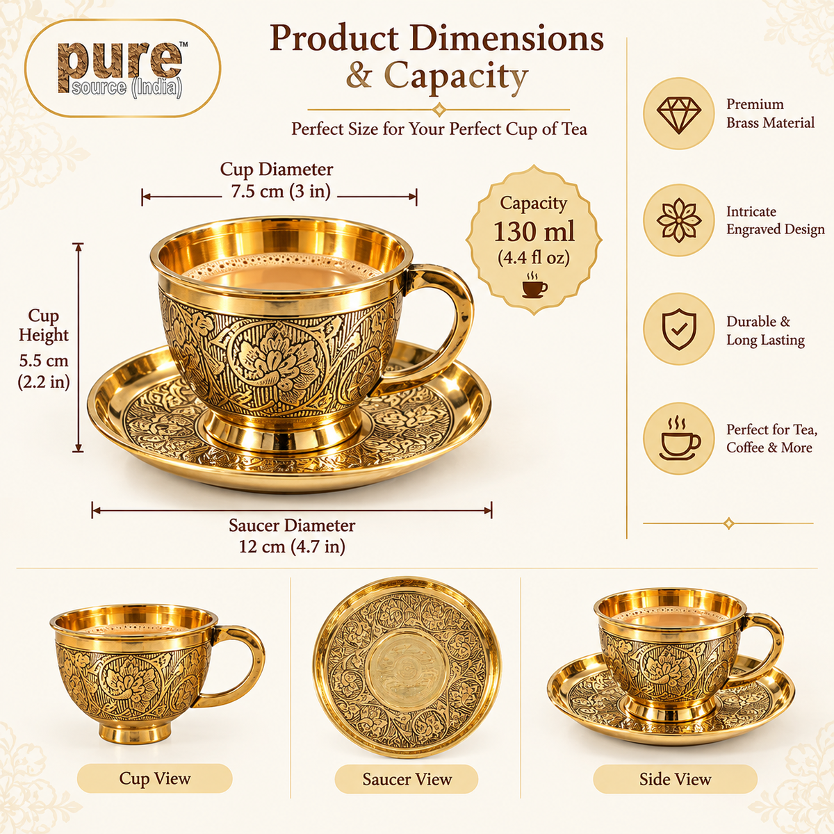 Product Title  Pure Source India Brass Tea Cup & Saucer Set of 6 | 4.4 oz / 130 ml Traditional Gold Tea Cups | Decorative Indian Serveware & Gifting