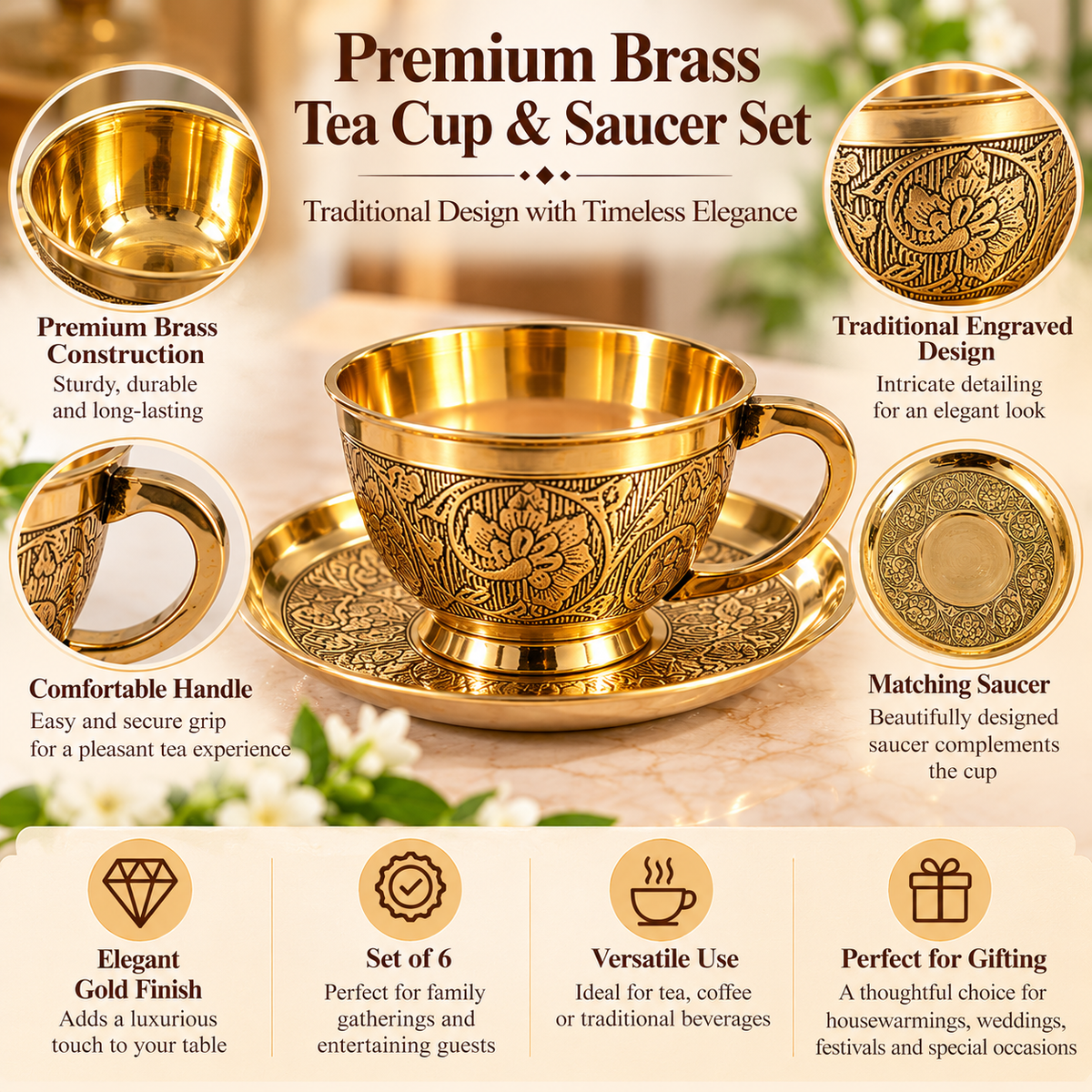 Product Title  Pure Source India Brass Tea Cup & Saucer Set of 6 | 4.4 oz / 130 ml Traditional Gold Tea Cups | Decorative Indian Serveware & Gifting