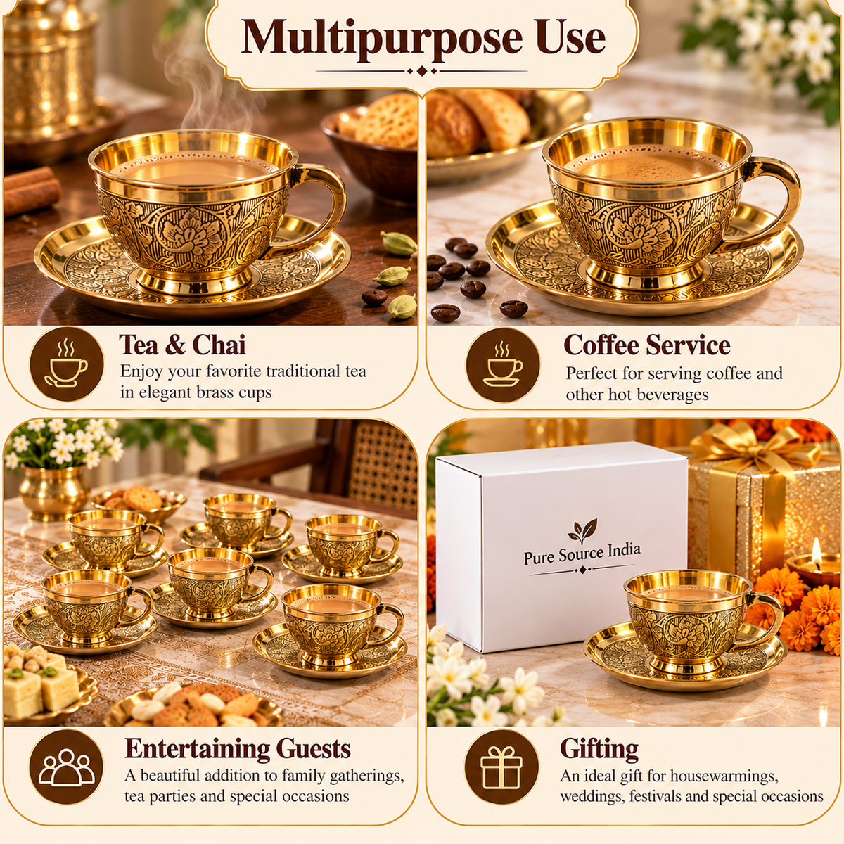 Product Title  Pure Source India Brass Tea Cup & Saucer Set of 6 | 4.4 oz / 130 ml Traditional Gold Tea Cups | Decorative Indian Serveware & Gifting