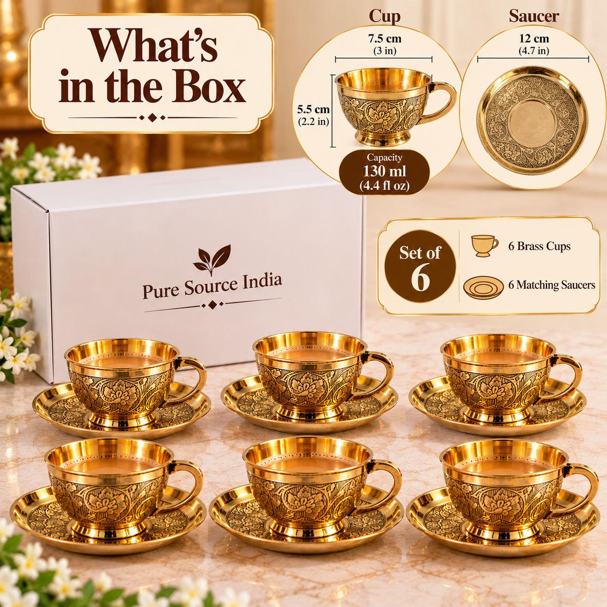 Product Title  Pure Source India Brass Tea Cup & Saucer Set of 6 | 4.4 oz / 130 ml Traditional Gold Tea Cups | Decorative Indian Serveware & Gifting
