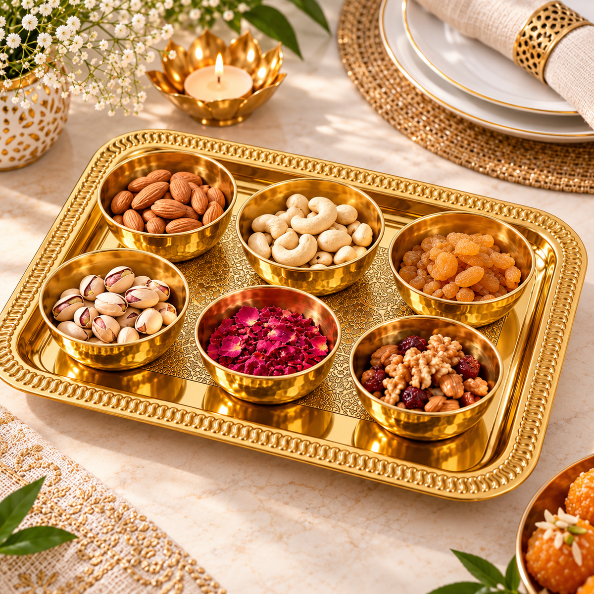 Pure Source India Brass Serving Tray with 6 Bowls | Decorative Snack, Dry Fruit & Appetizer Platter