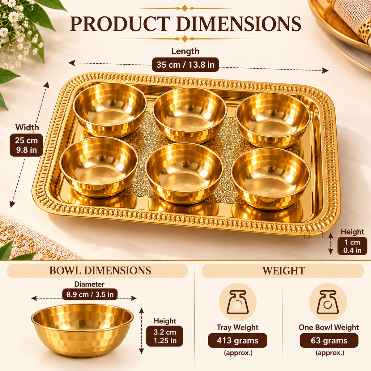 Pure Source India Brass Serving Tray with 6 Bowls | Decorative Snack, Dry Fruit & Appetizer Platter