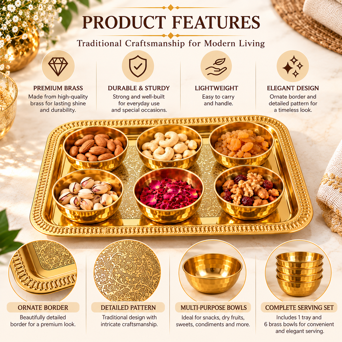 Pure Source India Brass Serving Tray with 6 Bowls | Decorative Snack, Dry Fruit & Appetizer Platter