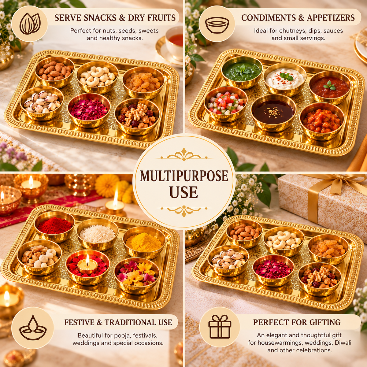 Pure Source India Brass Serving Tray with 6 Bowls | Decorative Snack, Dry Fruit & Appetizer Platter