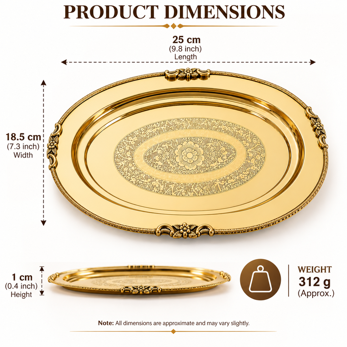 Pure Source India Brass Oval Serving Tray 10 Inch | Decorative Engraved Brass Platter for Serving, Pooja, Home Décor & Gifting