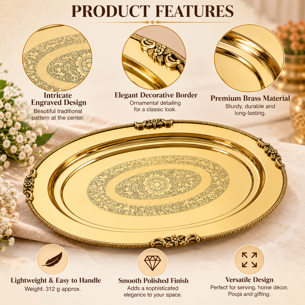 Pure Source India Brass Oval Serving Tray 10 Inch | Decorative Engraved Brass Platter for Serving, Pooja, Home Décor & Gifting
