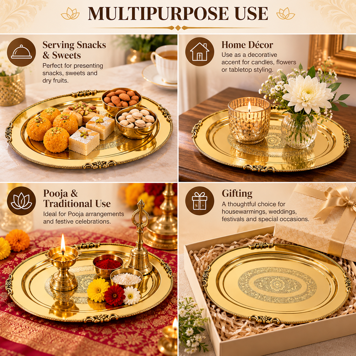 Pure Source India Brass Oval Serving Tray 10 Inch | Decorative Engraved Brass Platter for Serving, Pooja, Home Décor & Gifting