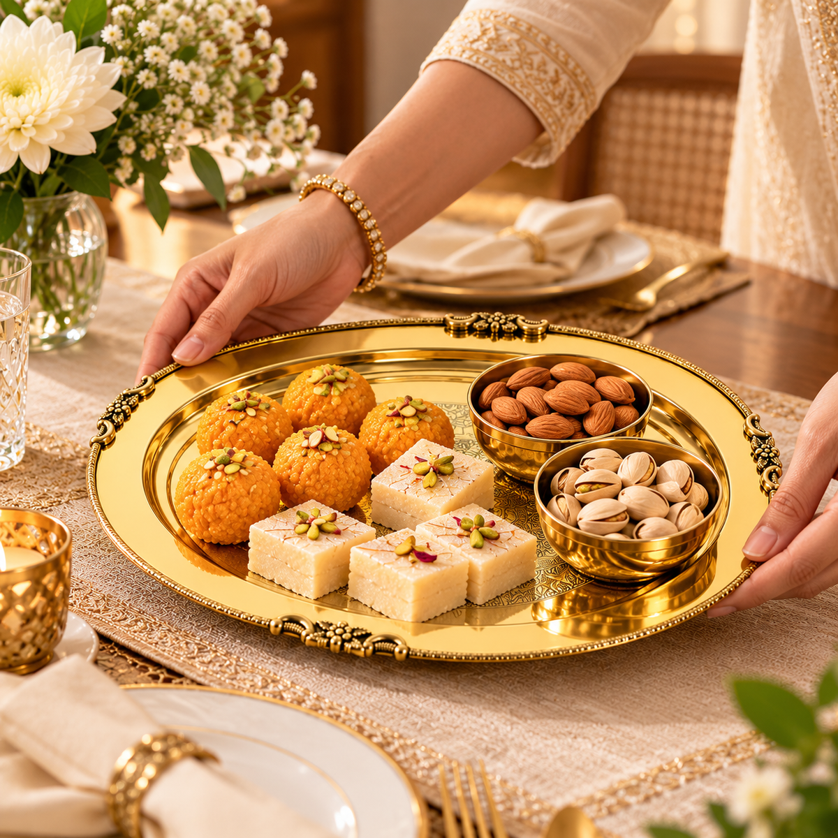 Pure Source India Brass Oval Serving Tray 10 Inch | Decorative Engraved Brass Platter for Serving, Pooja, Home Décor & Gifting