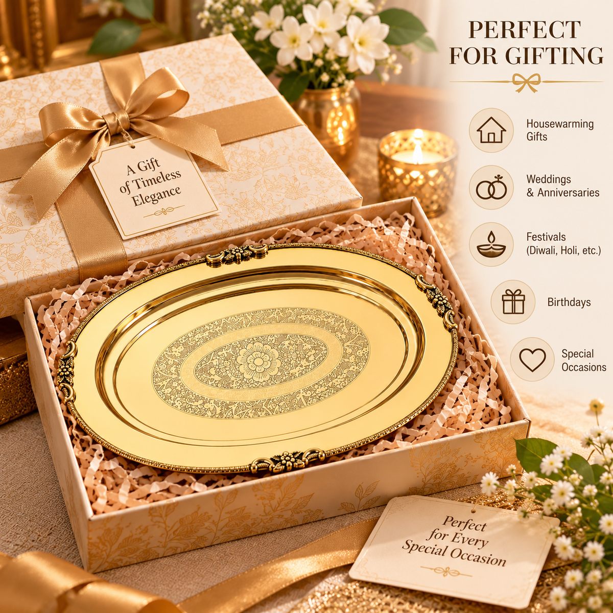 Pure Source India Brass Oval Serving Tray 10 Inch | Decorative Engraved Brass Platter for Serving, Pooja, Home Décor & Gifting
