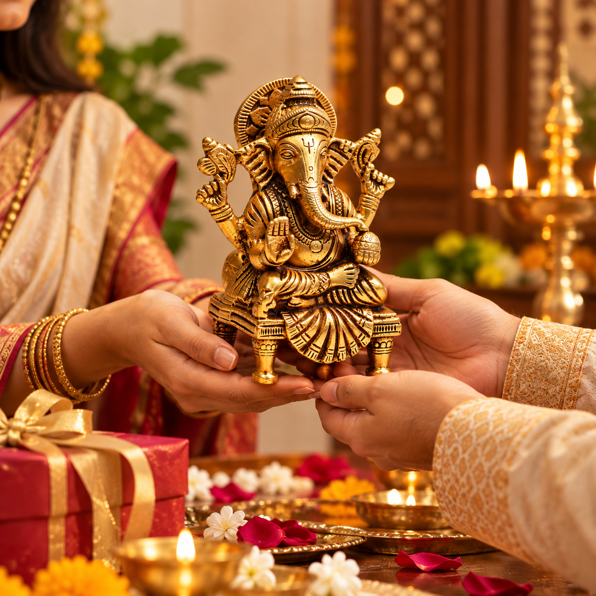 Pure Source India Pure Brass Shree Ganesha Statue 6 Inch | Traditional Hindu Ganesh Idol for Home, Puja, Office & Gifting | 1320 g