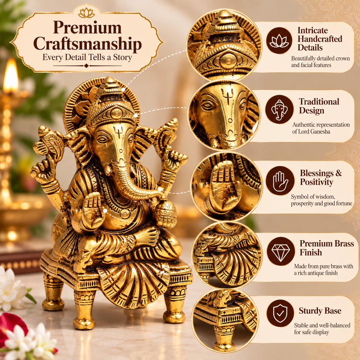 Pure Source India Pure Brass Shree Ganesha Statue 6 Inch | Traditional Hindu Ganesh Idol for Home, Puja, Office & Gifting | 1320 g