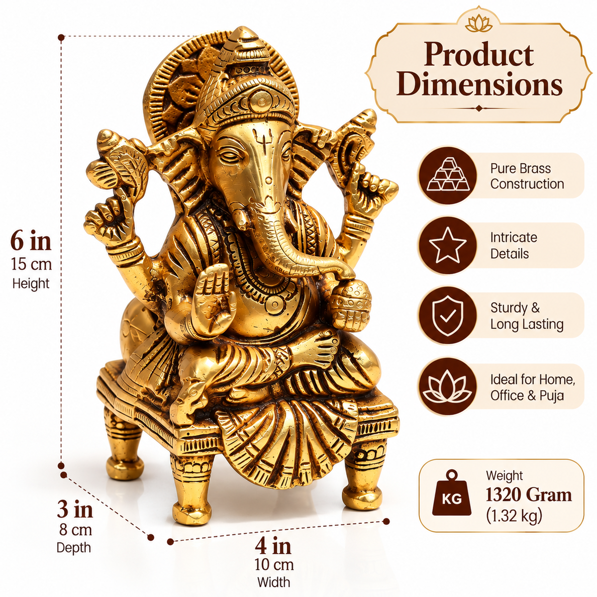 Pure Source India Pure Brass Shree Ganesha Statue 6 Inch | Traditional Hindu Ganesh Idol for Home, Puja, Office & Gifting | 1320 g