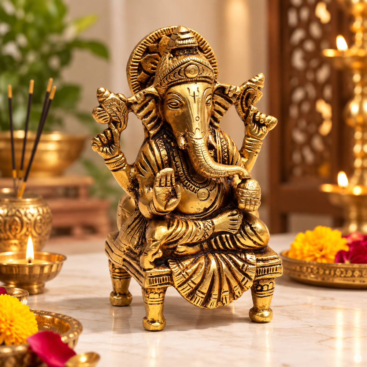 Pure Source India Pure Brass Shree Ganesha Statue 6 Inch | Traditional Hindu Ganesh Idol for Home, Puja, Office & Gifting | 1320 g