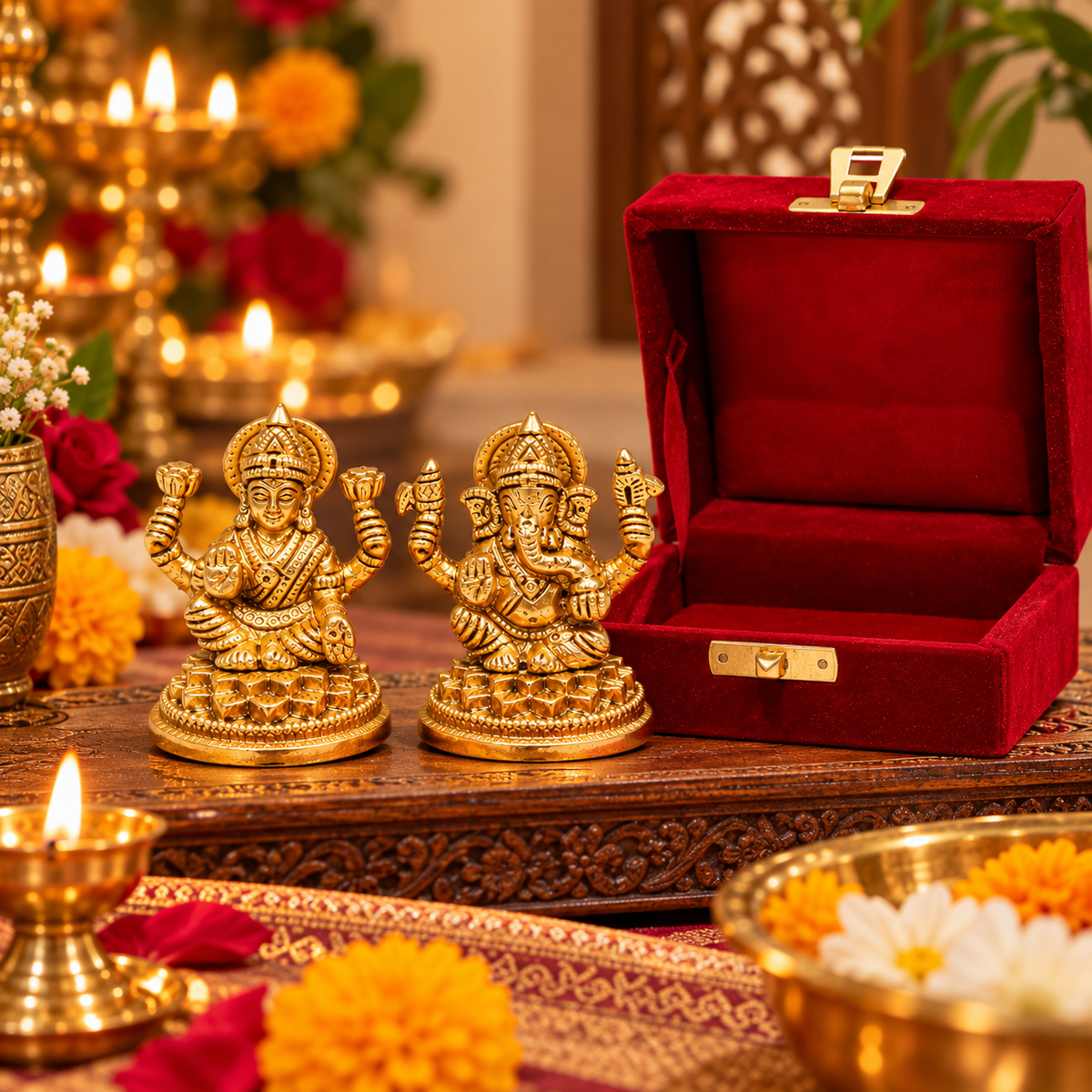 Pure Source India Brass Lakshmi & Ganesha Idol Set with Velvet Gift Box | 2.75 Inch Traditional Hindu God Statues for Diwali Puja, Home Décor & Gifting