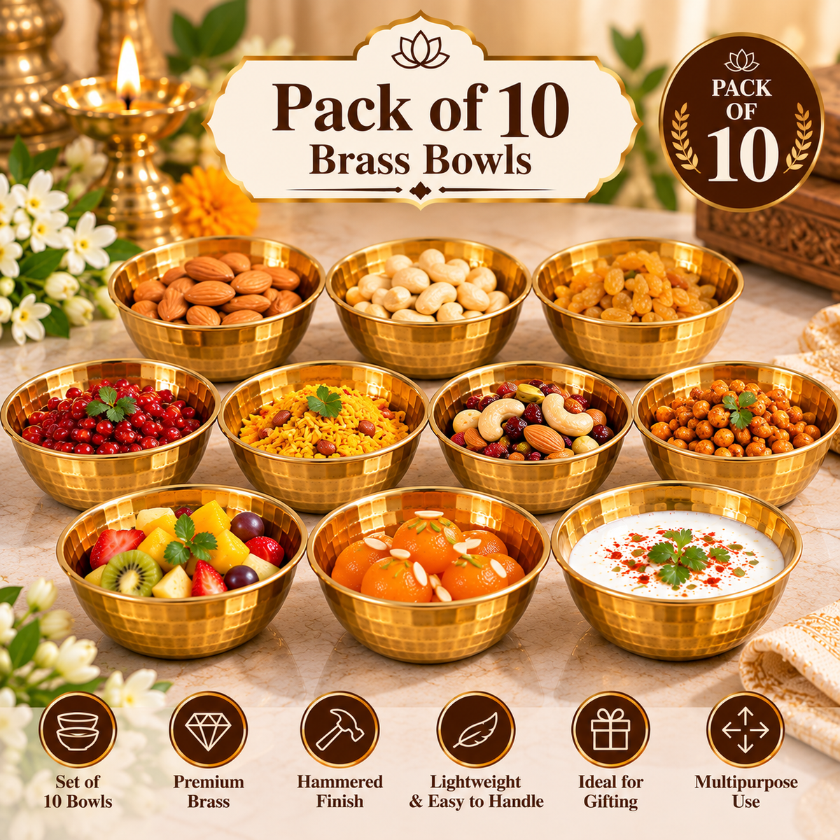 Pure Source India Hammered Brass Bowl Set of 10, 3.75 Inch Traditional Katori for Serving, Pooja, Snacks, Spices & Condiments, Gold Finish