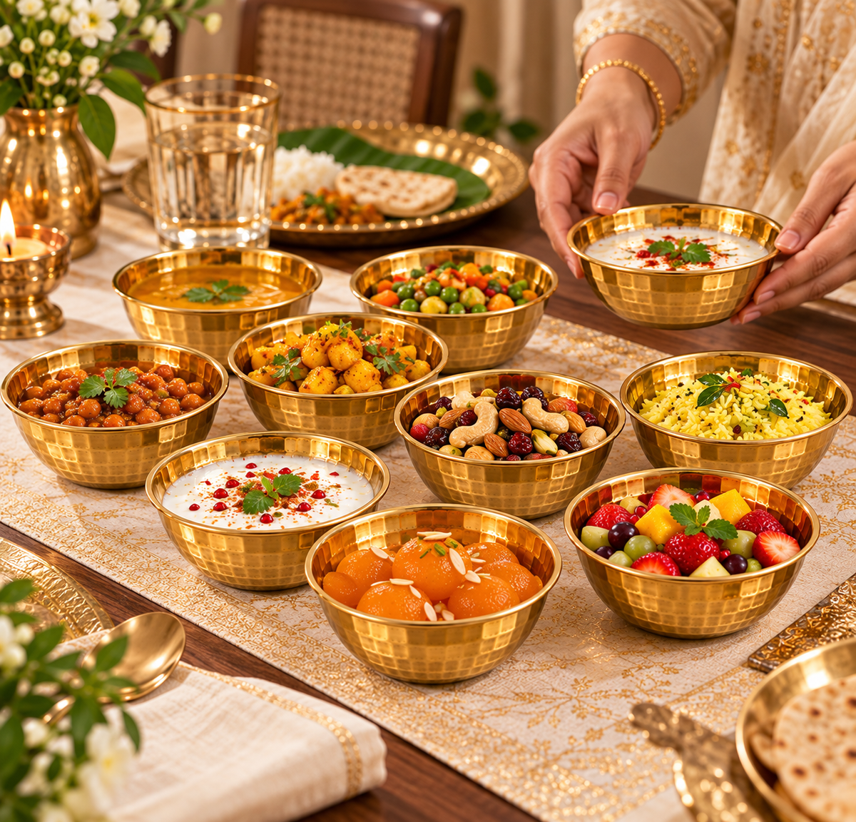 Pure Source India Hammered Brass Bowl Set of 10, 3.75 Inch Traditional Katori for Serving, Pooja, Snacks, Spices & Condiments, Gold Finish