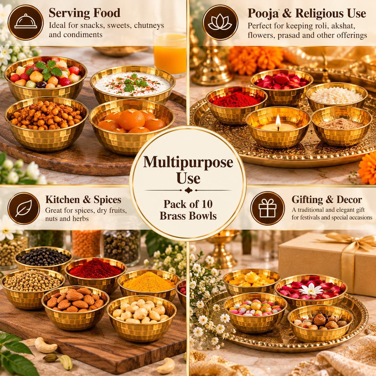 Pure Source India Hammered Brass Bowl Set of 10, 3.75 Inch Traditional Katori for Serving, Pooja, Snacks, Spices & Condiments, Gold Finish
