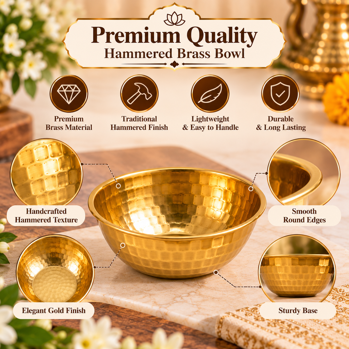 Pure Source India Hammered Brass Bowl Set of 10, 3.75 Inch Traditional Katori for Serving, Pooja, Snacks, Spices & Condiments, Gold Finish