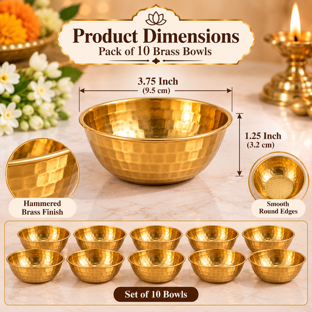 Pure Source India Hammered Brass Bowl Set of 10, 3.75 Inch Traditional Katori for Serving, Pooja, Snacks, Spices & Condiments, Gold Finish