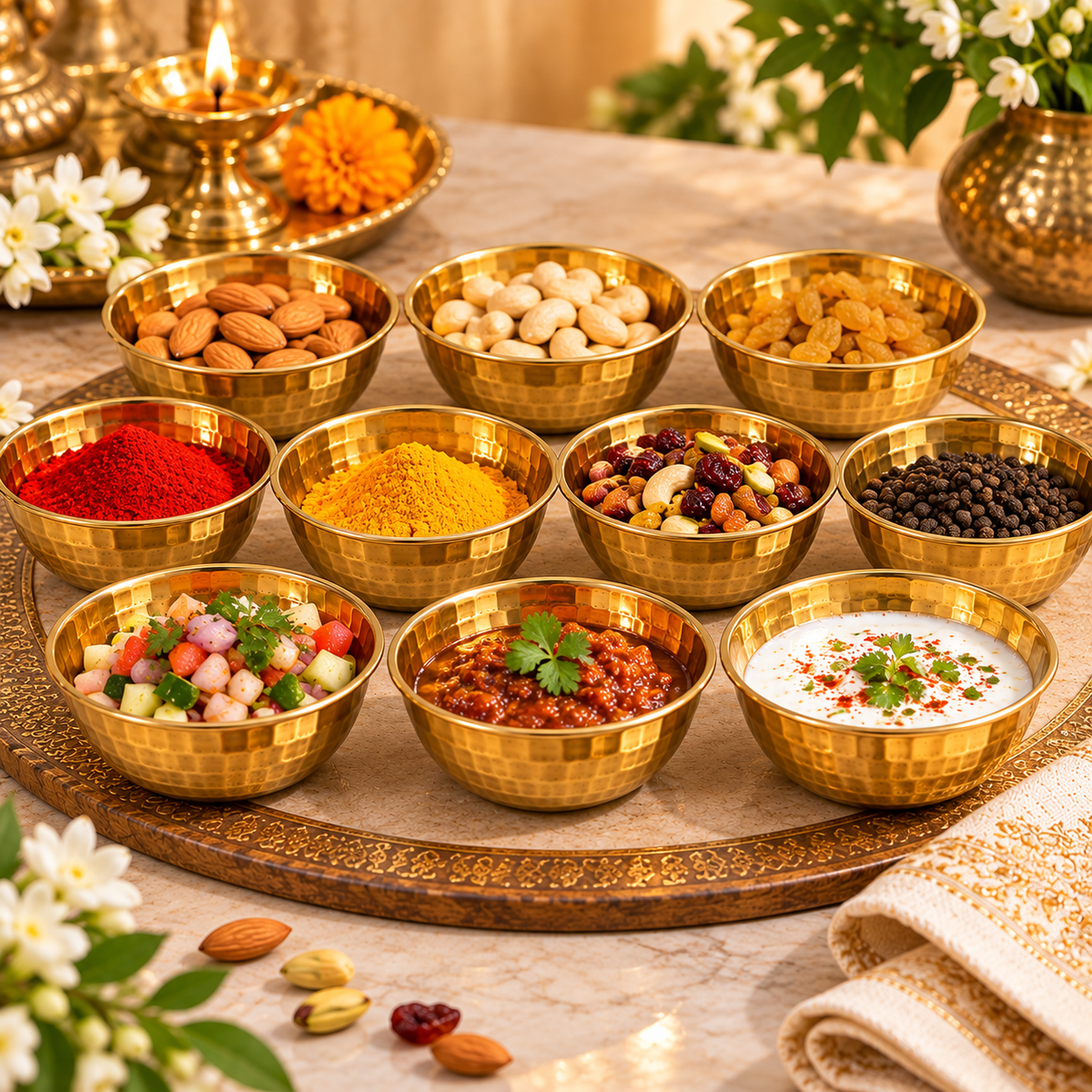 Pure Source India Hammered Brass Bowl Set of 10, 3.75 Inch Traditional Katori for Serving, Pooja, Snacks, Spices & Condiments, Gold Finish