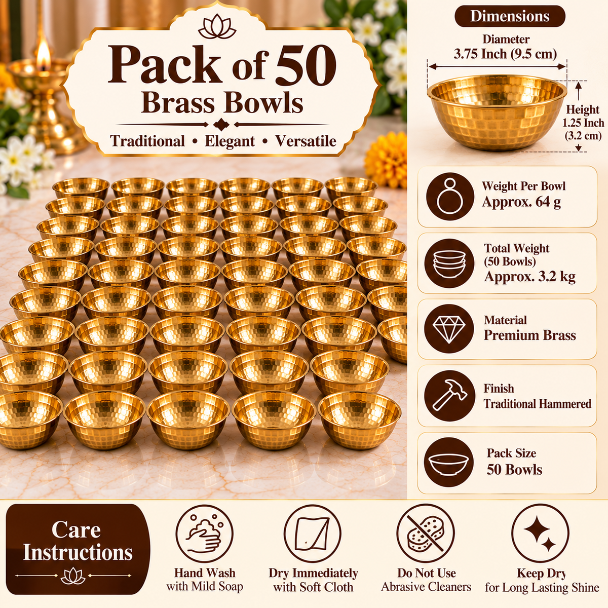 Pure Source India Hammered Brass Bowl Set of 50, 3.75 Inch Traditional Katori for Serving, Pooja, Snacks, Spices & Condiments, Gold Finish