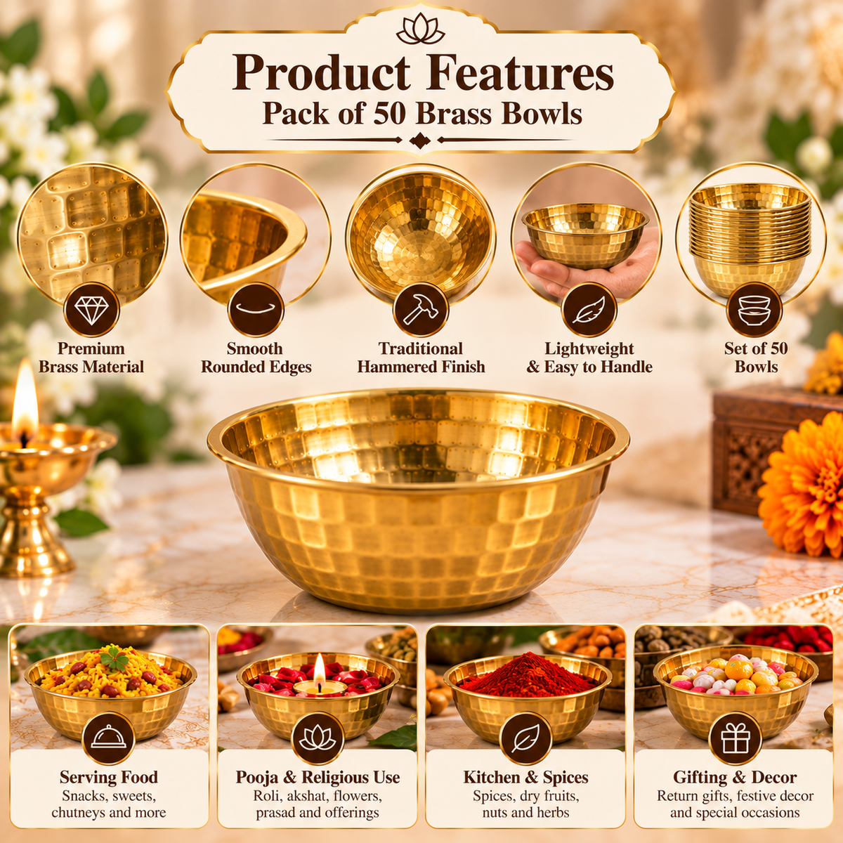 Pure Source India Hammered Brass Bowl Set of 50, 3.75 Inch Traditional Katori for Serving, Pooja, Snacks, Spices & Condiments, Gold Finish