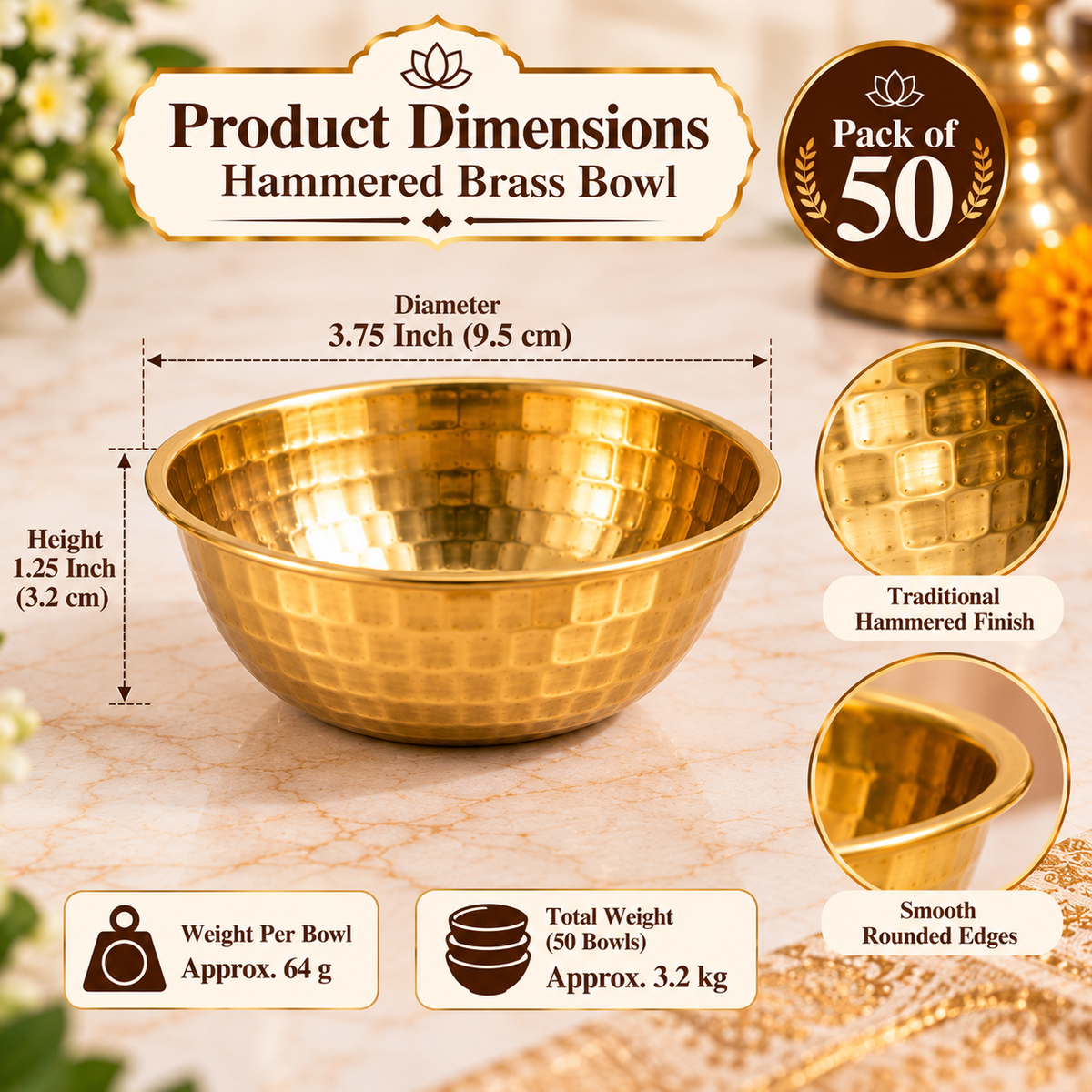 Pure Source India Hammered Brass Bowl Set of 50, 3.75 Inch Traditional Katori for Serving, Pooja, Snacks, Spices & Condiments, Gold Finish