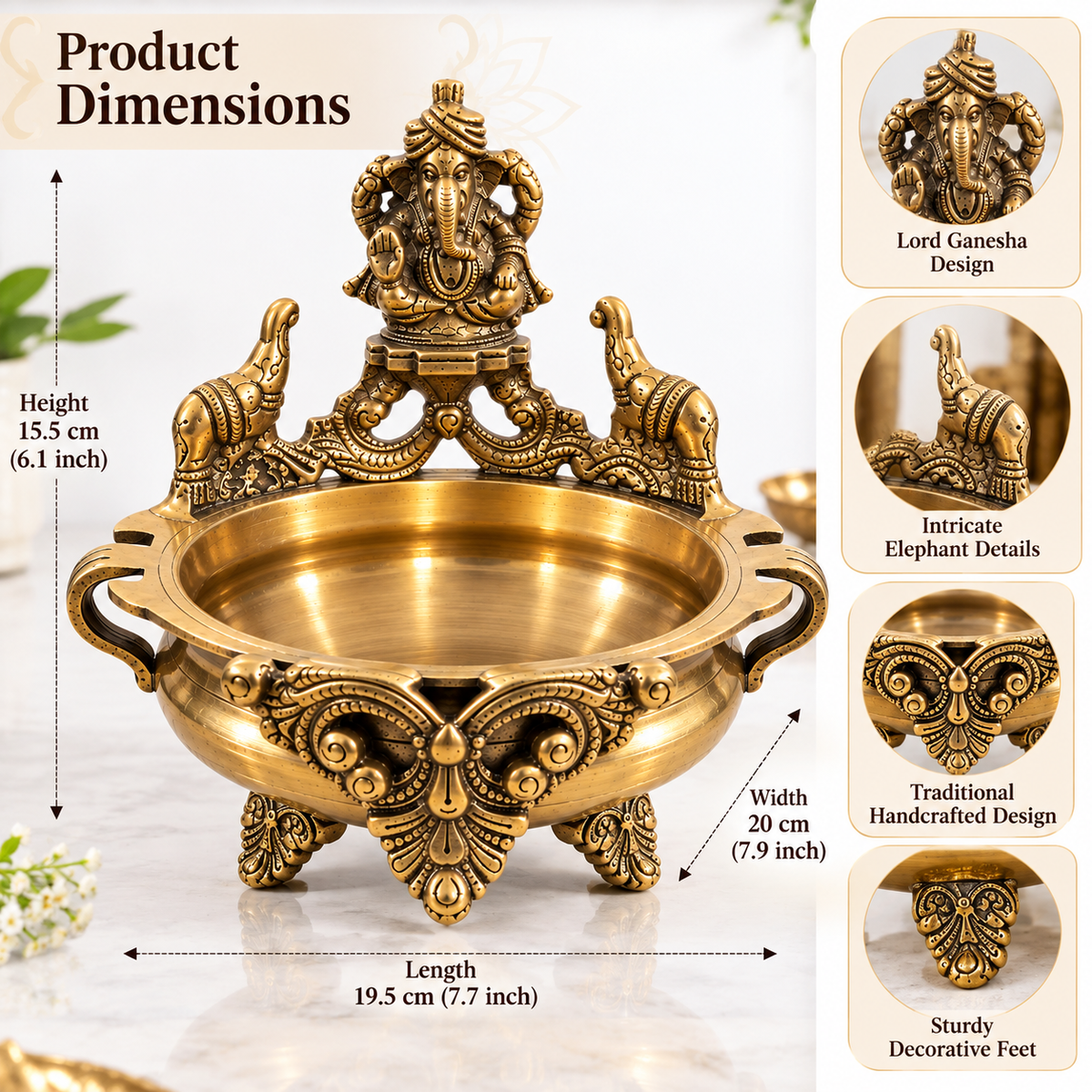 Pure Source India Brass Ganesha Urli Bowl, Heavy Traditional Indian Decorative Centerpiece, Floating Flower & Candle Bowl, Pooja & Home Décor, 19.5 × 20 × 15.5 cm