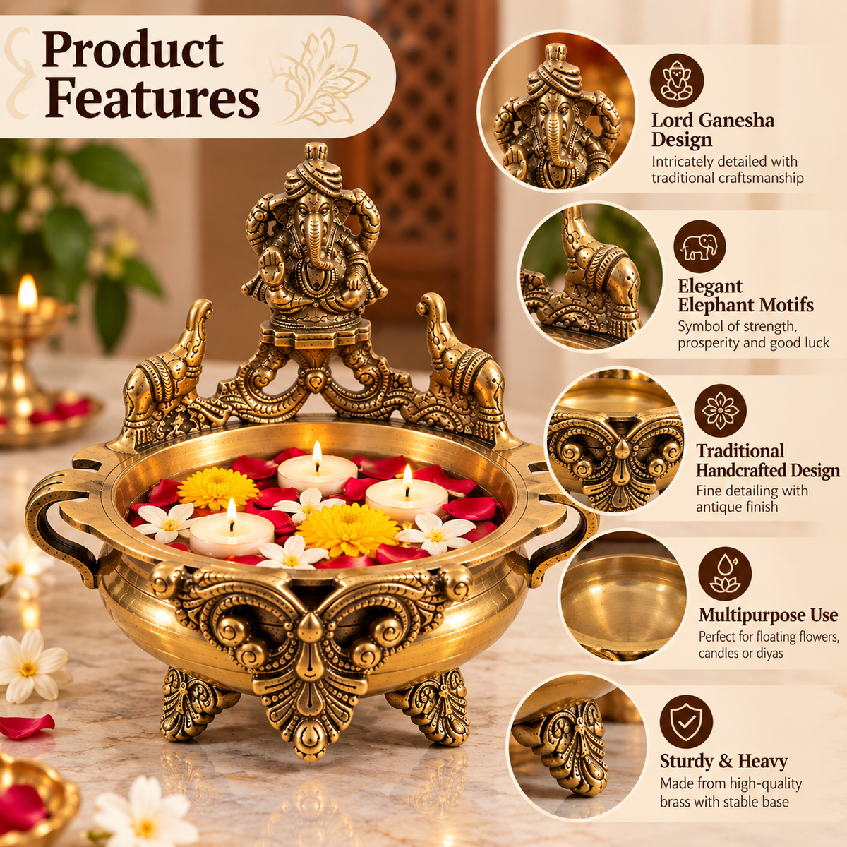 Pure Source India Brass Ganesha Urli Bowl, Heavy Traditional Indian Decorative Centerpiece, Floating Flower & Candle Bowl, Pooja & Home Décor, 19.5 × 20 × 15.5 cm