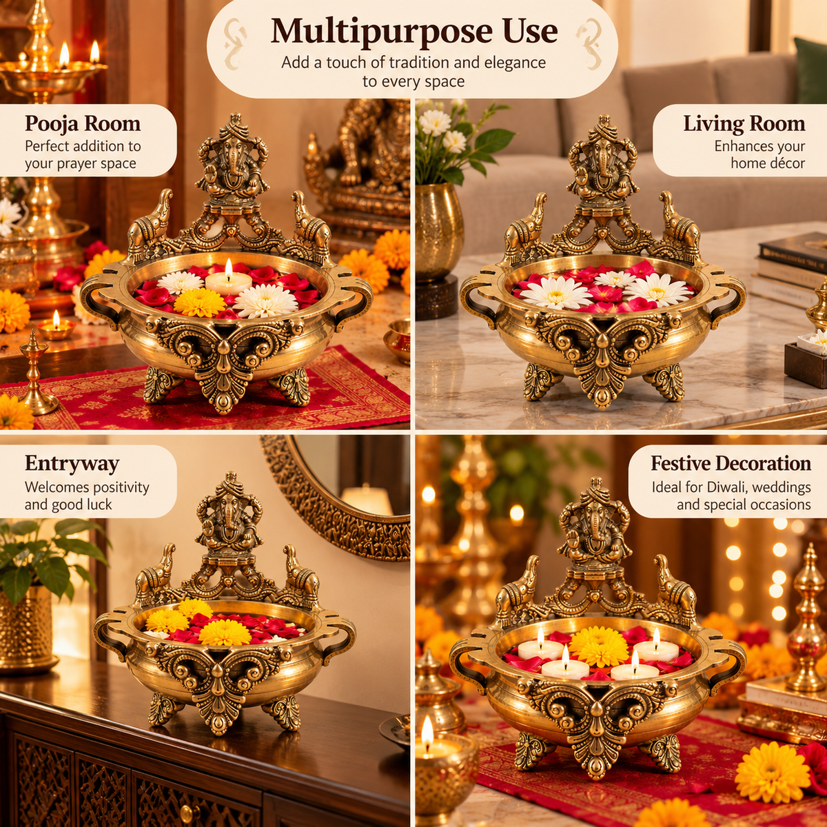 Pure Source India Brass Ganesha Urli Bowl, Heavy Traditional Indian Decorative Centerpiece, Floating Flower & Candle Bowl, Pooja & Home Décor, 19.5 × 20 × 15.5 cm