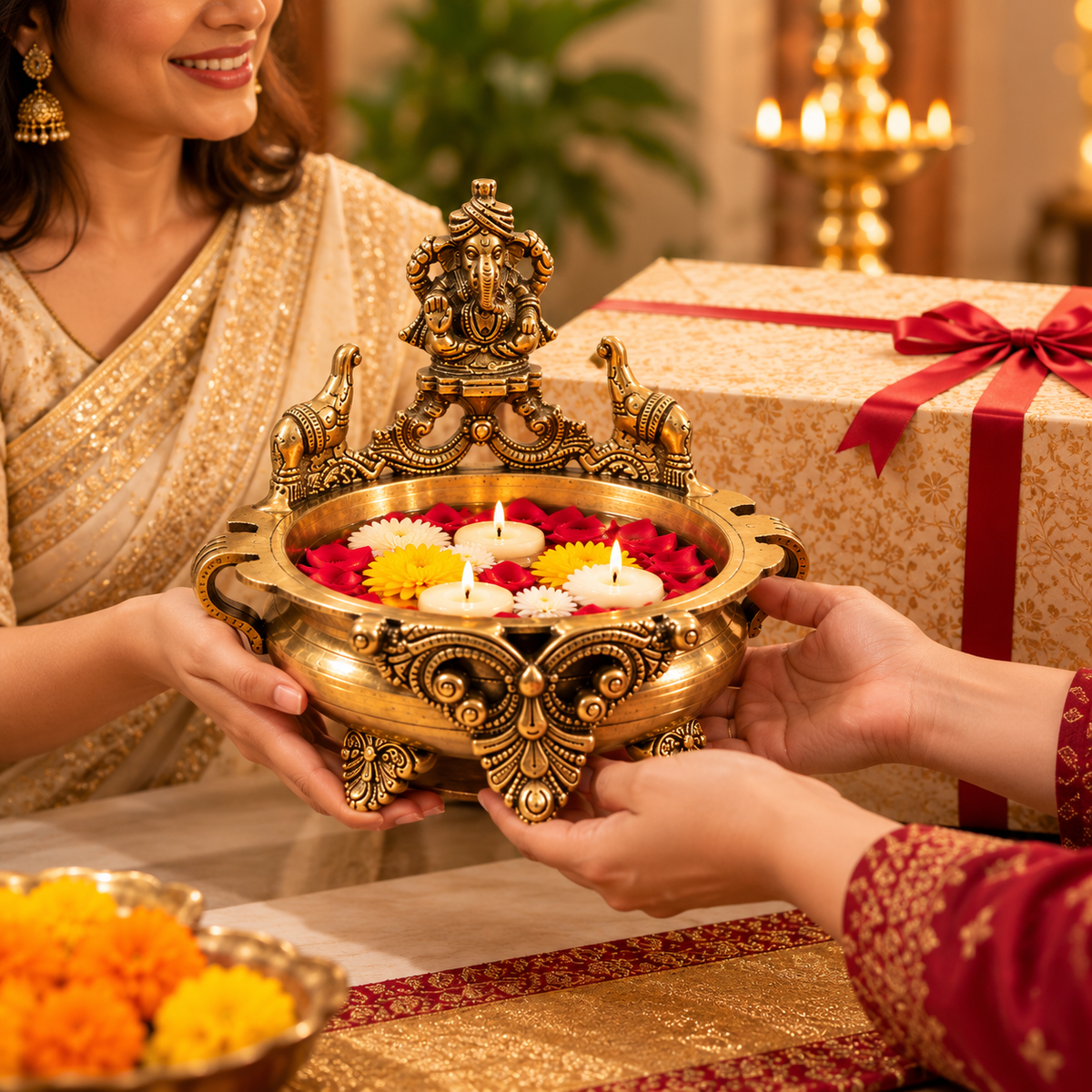 Pure Source India Brass Ganesha Urli Bowl, Heavy Traditional Indian Decorative Centerpiece, Floating Flower & Candle Bowl, Pooja & Home Décor, 19.5 × 20 × 15.5 cm
