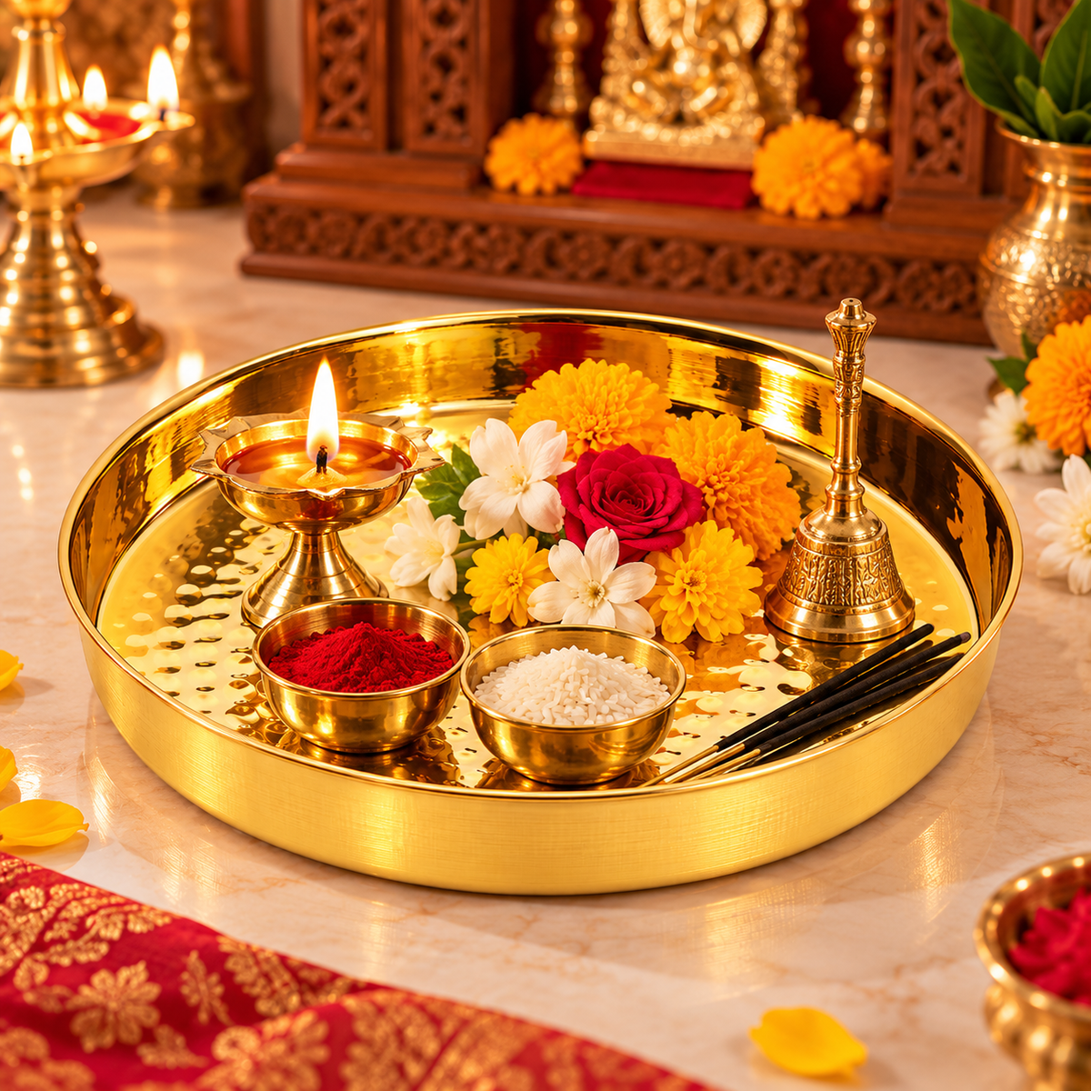 Pure Source India Pure Brass Hammered Thali 11 Inch – Round Indian Pooja & Serving Plate