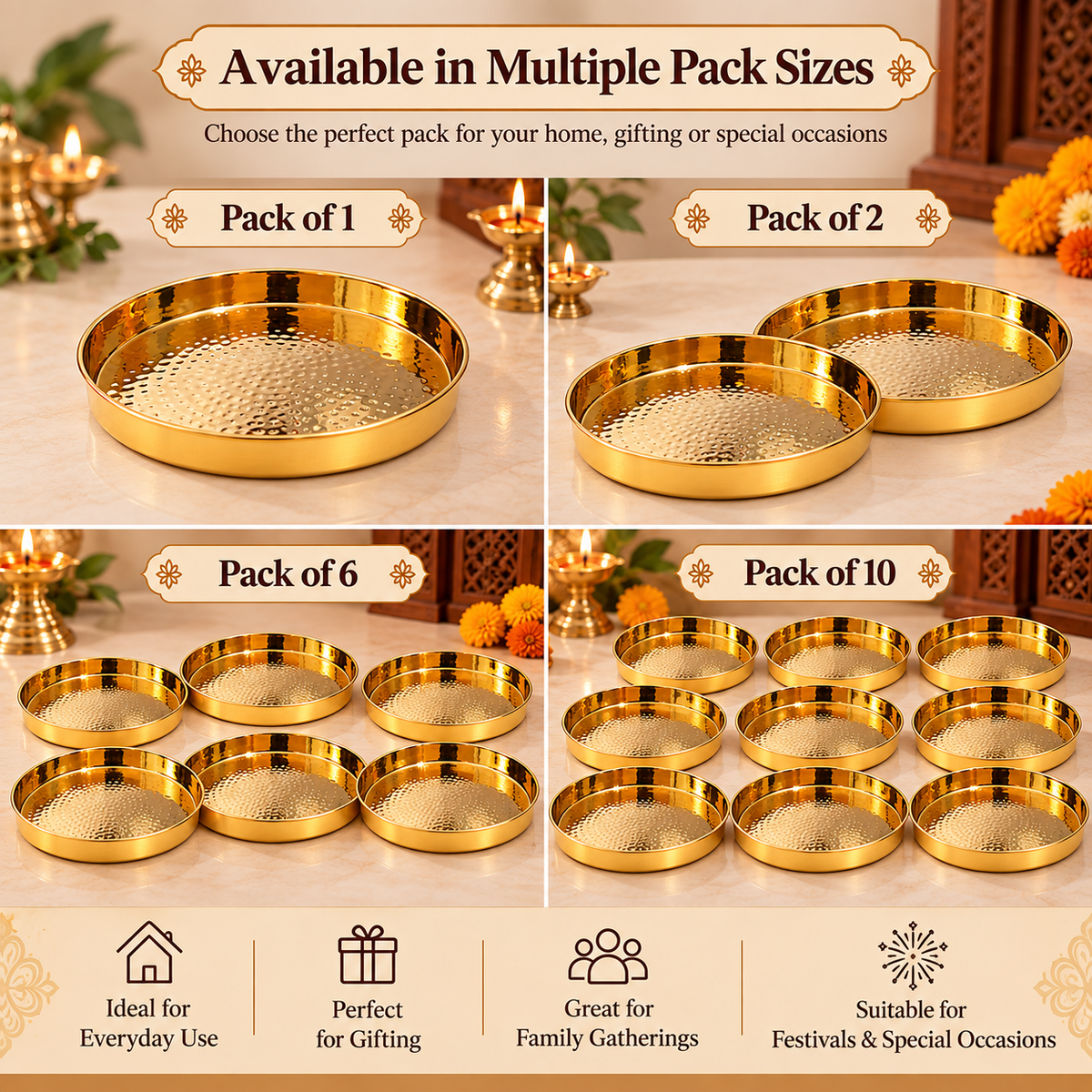 Pure Source India Pure Brass Hammered Thali 11 Inch – Round Indian Pooja & Serving Plate