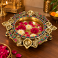 Pure Source India Heavy Brass Urli Bowl with Diya Holders & Hanging Bells, Traditional Indian Decorative Centerpiece, Floating Flower & Candle Bowl, Pooja Home Décor, 26.5 × 24 × 9 cm