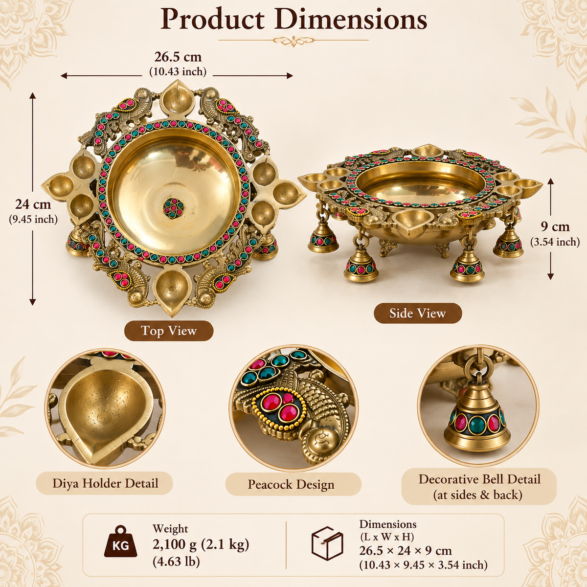Pure Source India Heavy Brass Urli Bowl with Diya Holders & Hanging Bells, Traditional Indian Decorative Centerpiece, Floating Flower & Candle Bowl, Pooja Home Décor, 26.5 × 24 × 9 cm
