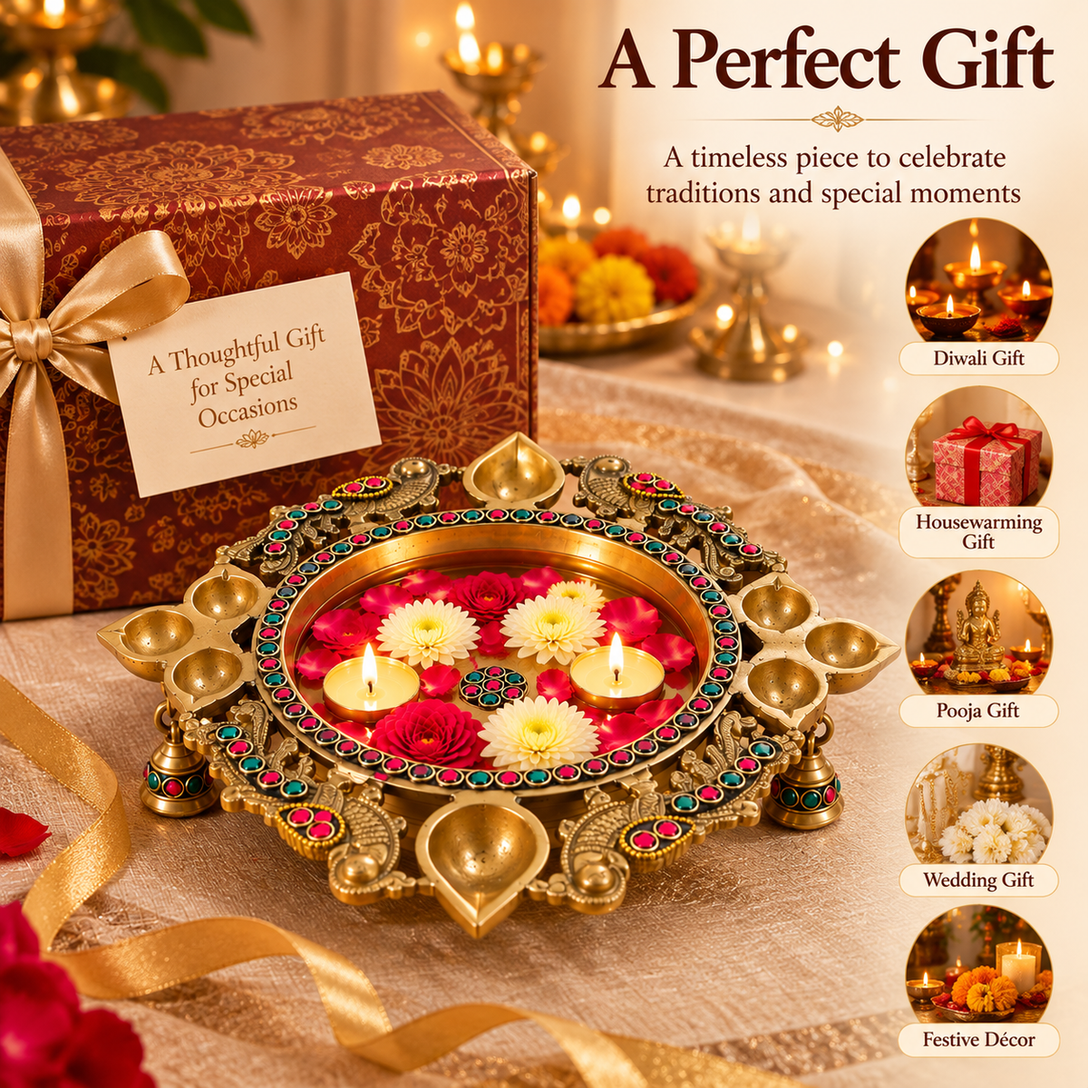 Pure Source India Heavy Brass Urli Bowl with Diya Holders & Hanging Bells, Traditional Indian Decorative Centerpiece, Floating Flower & Candle Bowl, Pooja Home Décor, 26.5 × 24 × 9 cm
