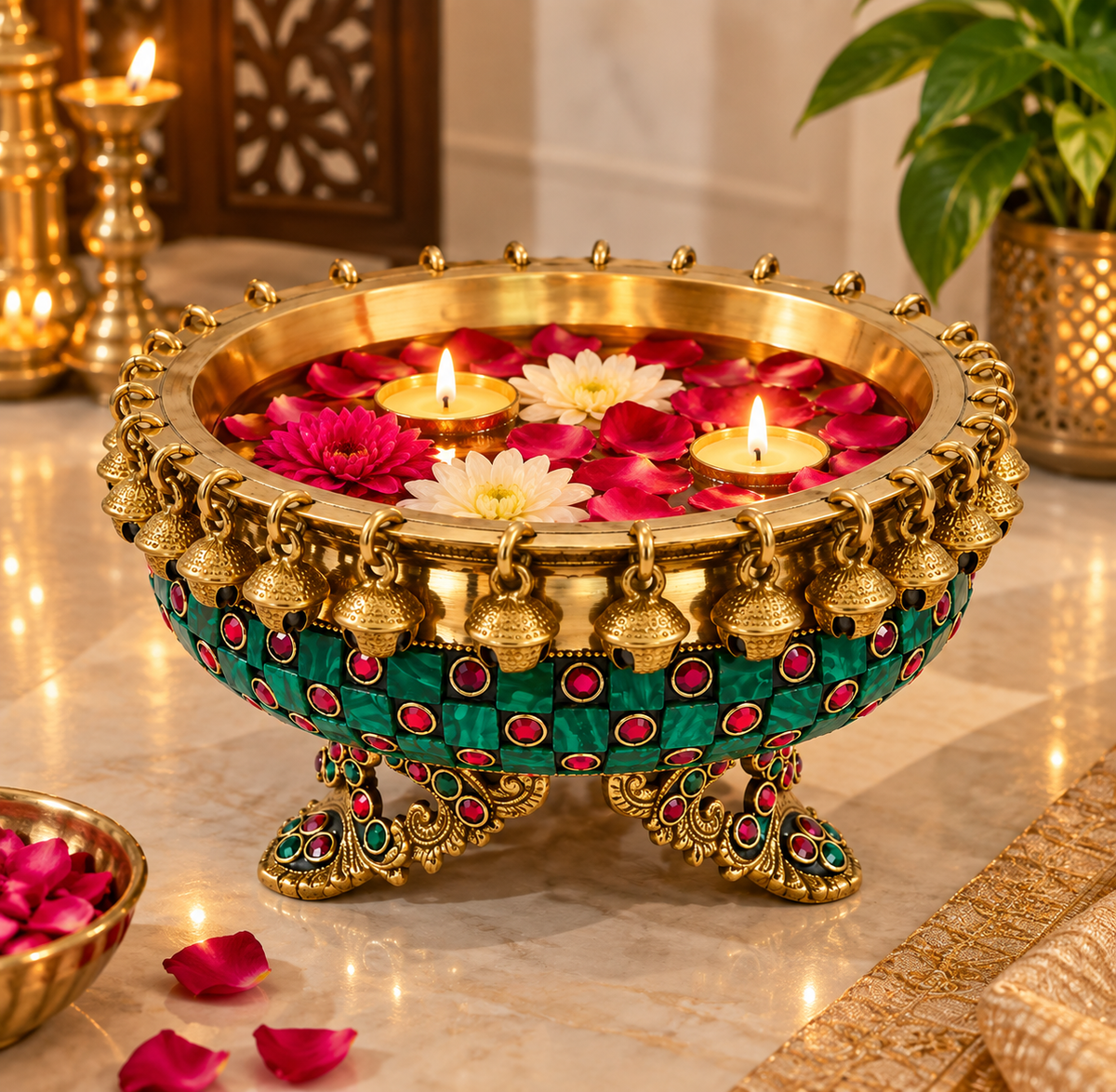 Premium Brass Urli Bowl for Home Décor, Indian Decorative Bowl with Embellished Design | Floating Flower & Candle Centerpiece for Diwali, Pooja, Weddings & Festive Décor