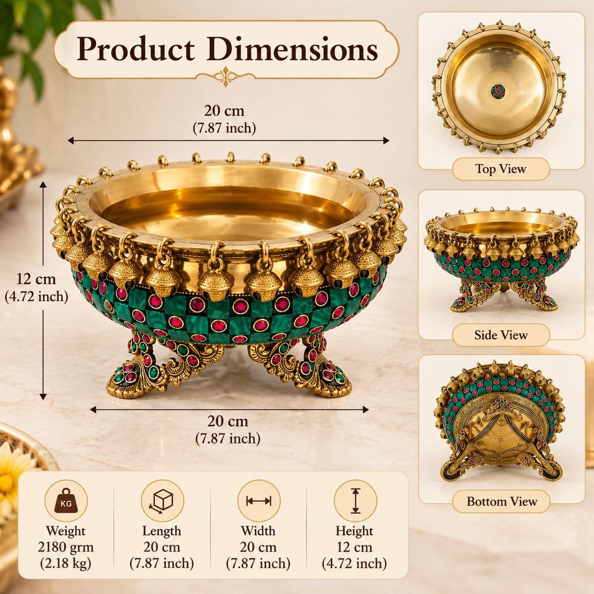 Premium Brass Urli Bowl for Home Décor, Indian Decorative Bowl with Embellished Design | Floating Flower & Candle Centerpiece for Diwali, Pooja, Weddings & Festive Décor