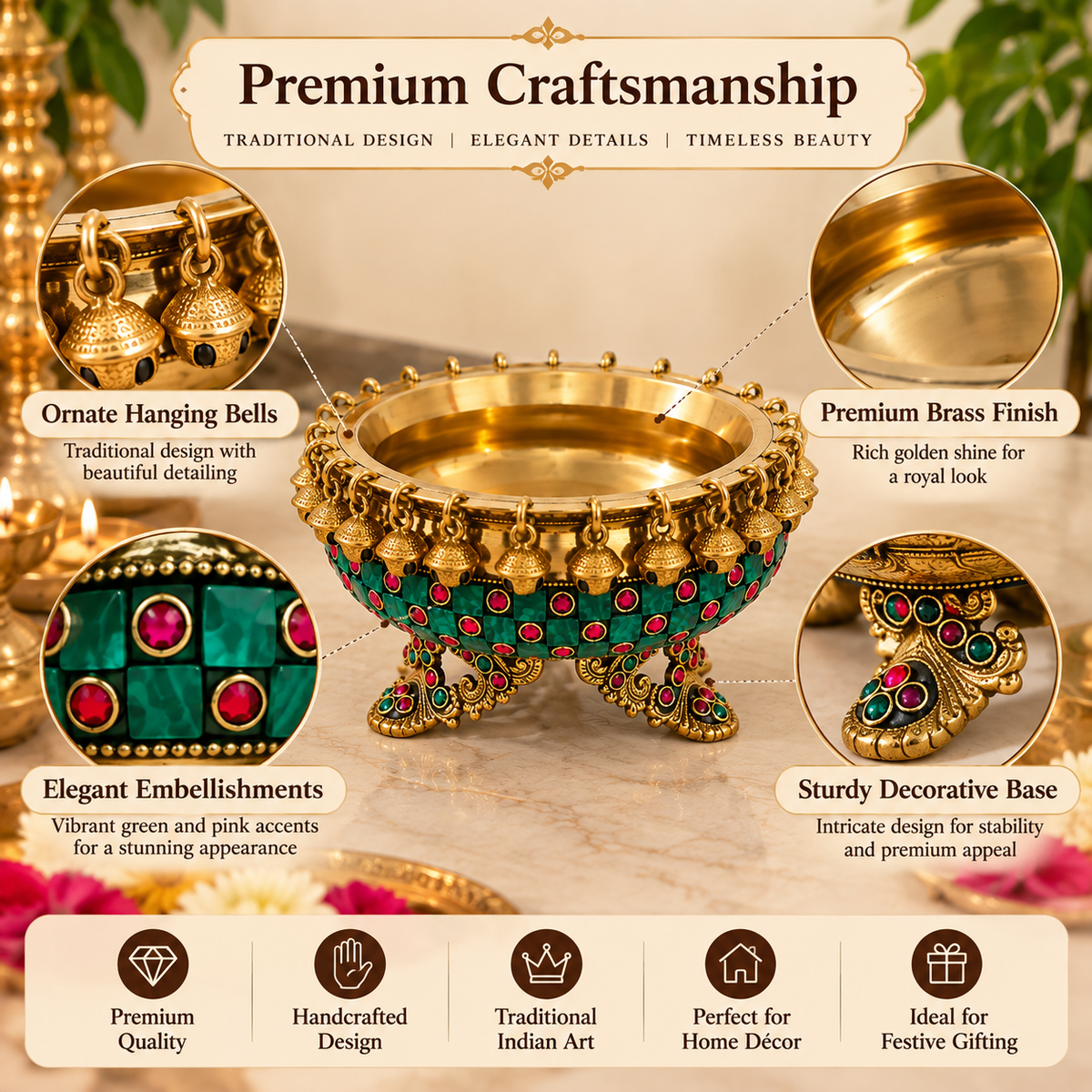 Premium Brass Urli Bowl for Home Décor, Indian Decorative Bowl with Embellished Design | Floating Flower & Candle Centerpiece for Diwali, Pooja, Weddings & Festive Décor