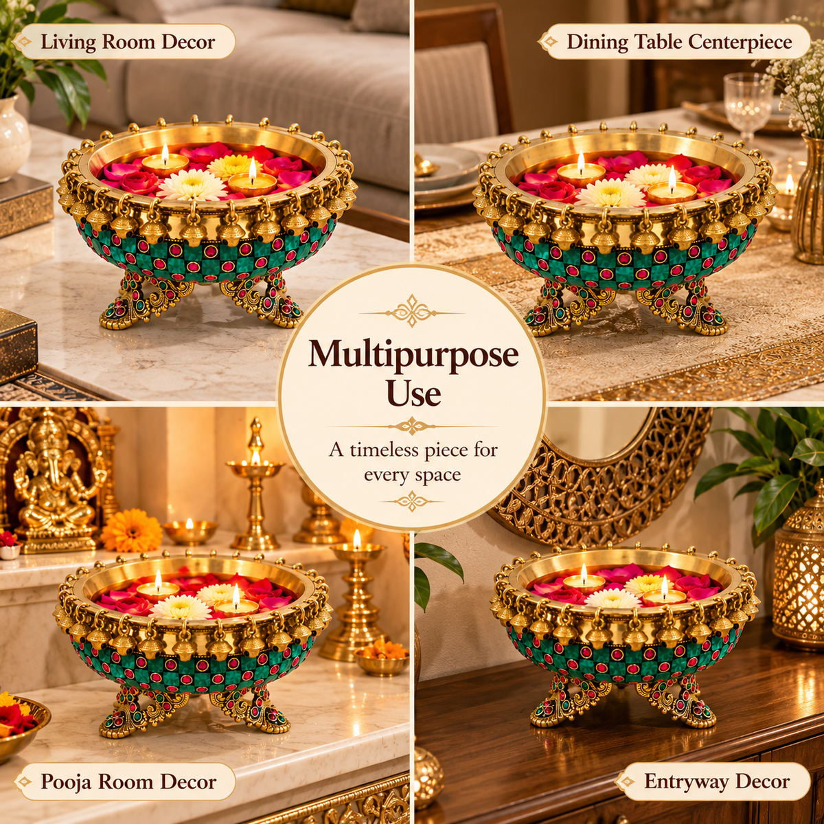 Premium Brass Urli Bowl for Home Décor, Indian Decorative Bowl with Embellished Design | Floating Flower & Candle Centerpiece for Diwali, Pooja, Weddings & Festive Décor